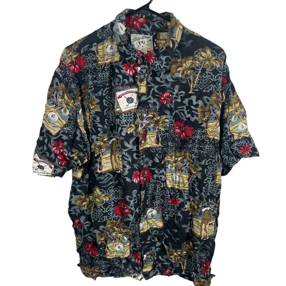 Big Dogs Floral Golf Hawaiian Shirt Rayon Short Sleeve Dad Grandpa Mens Large